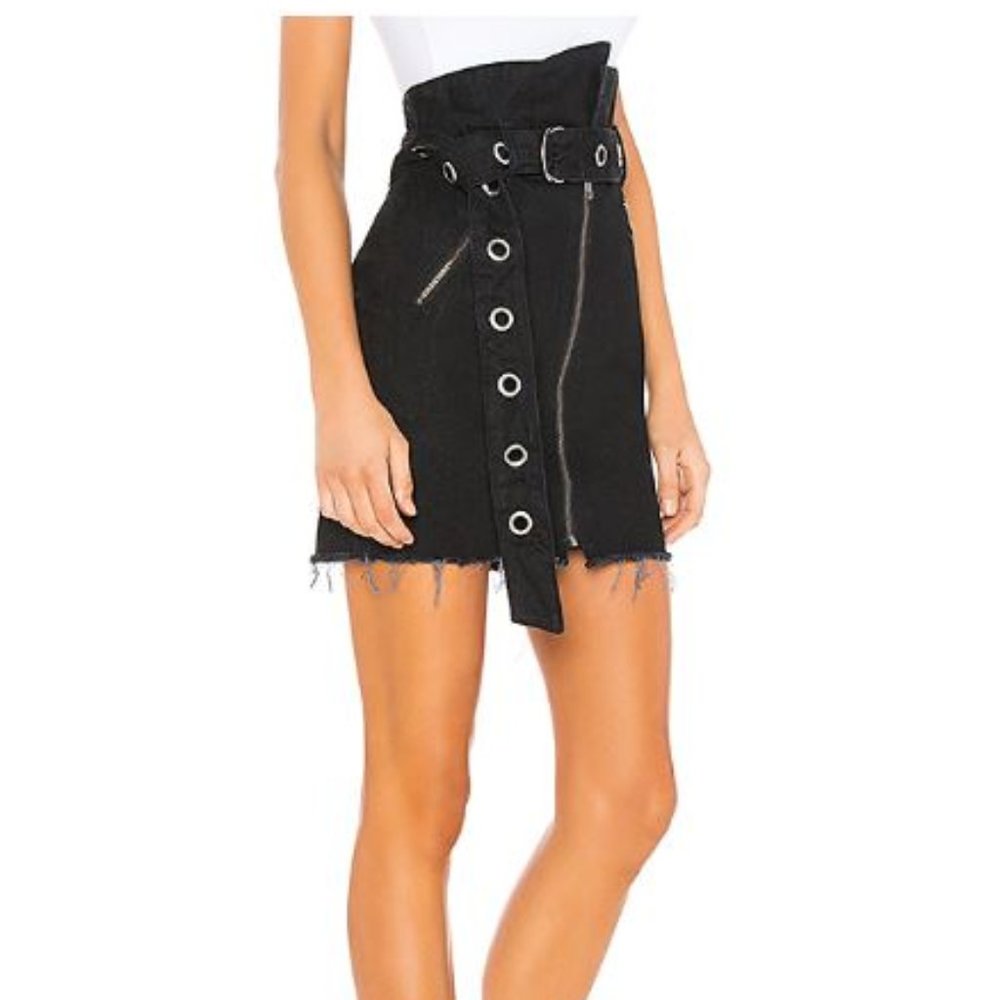 GRLFRND Ava Paper Bag Moto Skirt - Blackout Denim